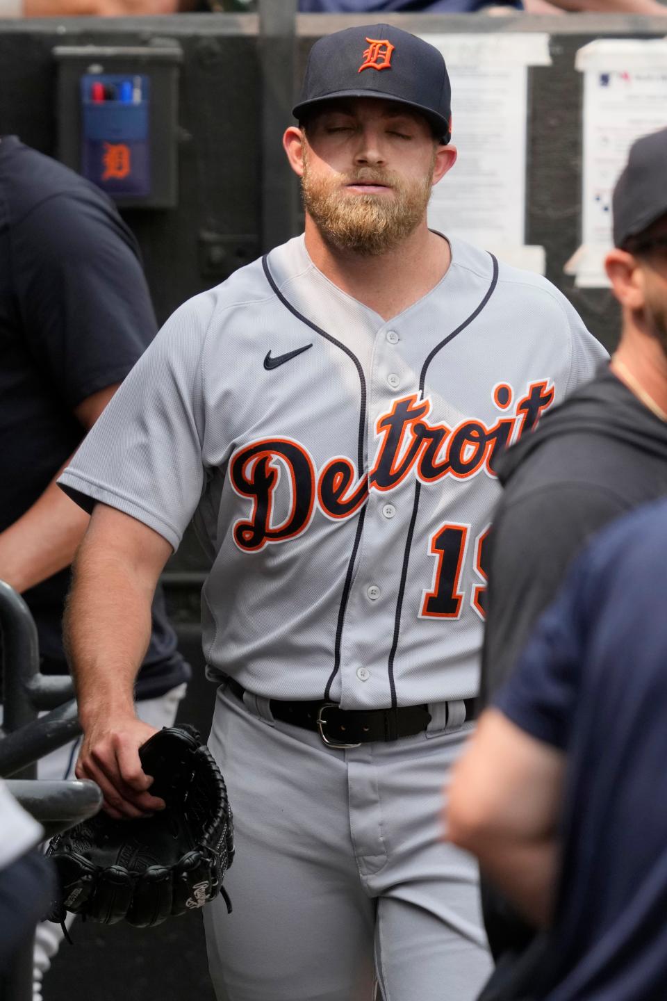 Detroit Tigers relief pitcher Will Vest reacts in the dugout after the sixth inning of a game against the Chicago White Sox at Guaranteed Rate Field in Chicago on Sunday, June 4, 2023.