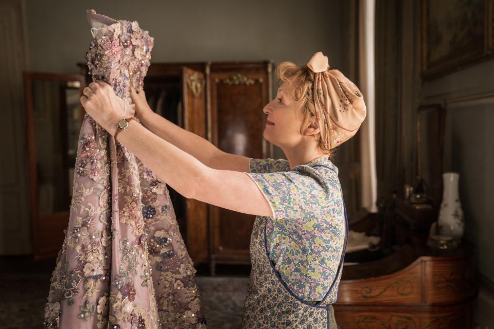Lesley Manville in Mrs. Harris Goes to Paris. Her character, Ada Harris, decides to splurge on a Dior couture gown, but Manville says there's one thing she'd never spend money on. Any guesses? You can read what she says here.