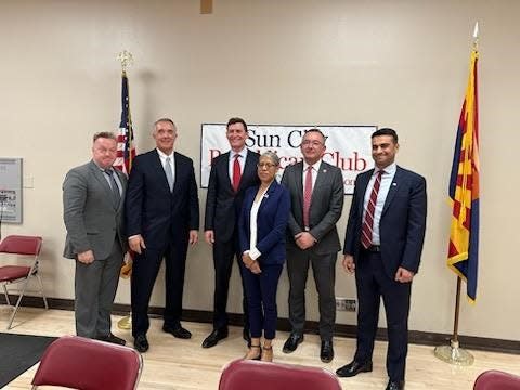 (From left) Anthony Kern, Trent Franks, Blake Masters, Adrienne Johnson, Ben Toma and Abe Hamadeh attend a debate for Debbie Lesko's 8th Congressional District seat.
