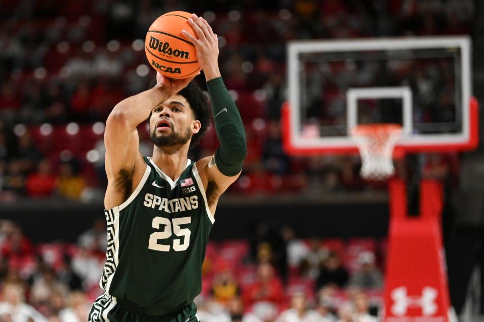 Michigan State forward Malik Hall takes a 3-point basket during the first half of MSU's 61-59 win on Sunday, Jan. 21, 2024, in College Park, Maryland.