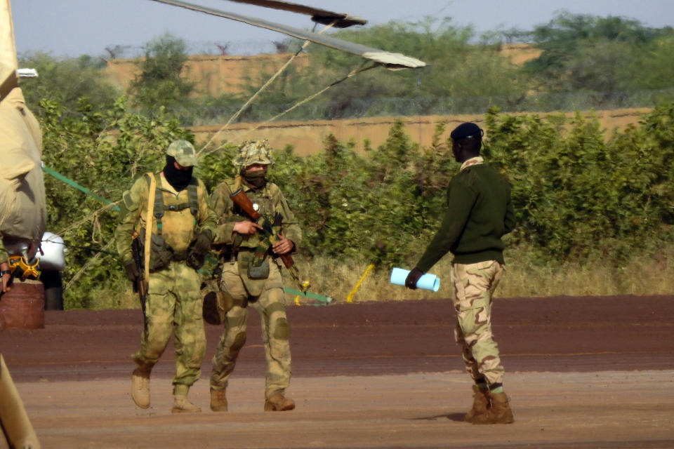 This undated photograph handed out by French military shows Russian mercenaries, in northern Mali. Western officials say violence against civilians in Mali has risen in the year since hundreds of Russian mercenaries have started working alongside the West African country's armed forces to stem a decade-long insurgency by Islamic extremists. Diplomats, analysts and human rights groups say extremists linked to al-Qaida and the Islamic State group have only gotten stronger and there's concern the Russian presence will further destabilize the already-troubled region. (French Army via AP)