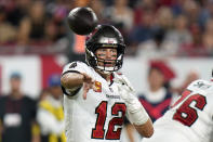 Tampa Bay Buccaneers quarterback Tom Brady (12) throws a pass during the second half of an NFL football game against the Kansas City Chiefs Sunday, Oct. 2, 2022, in Tampa, Fla. (AP Photo/Chris O'Meara)