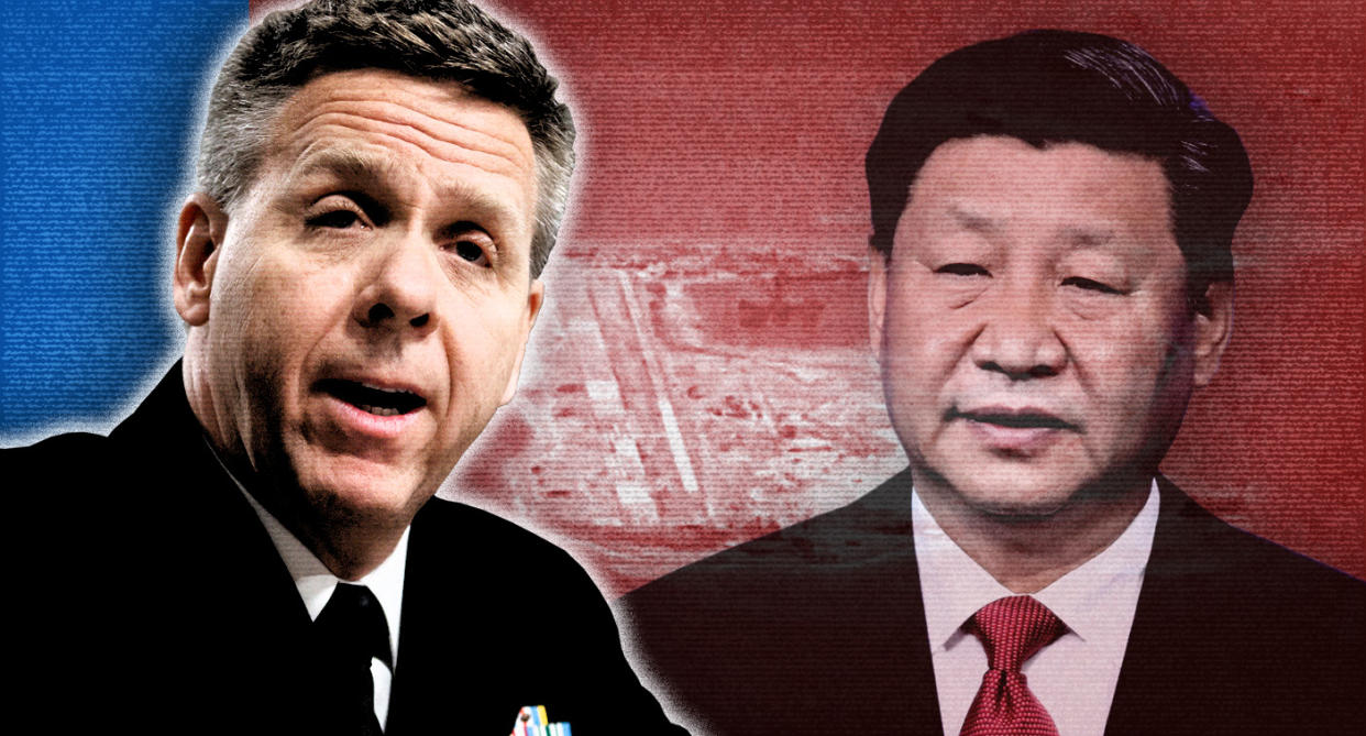 U.S. Navy Adm. Philip Davidson, left, and Chinese President Xi Jinping; background, the waters at Fiery Cross Reef. (Photo illustration: Yahoo News; photos: Carolyn Kaster/AP, U.S. Navy/Handout via Reuters, AP)