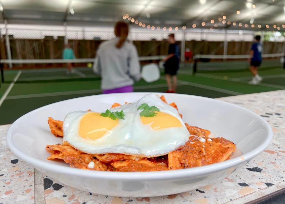 “Huevos rancheros” — really chilaquiles rojos with eggs — at Courtside Kitchen.