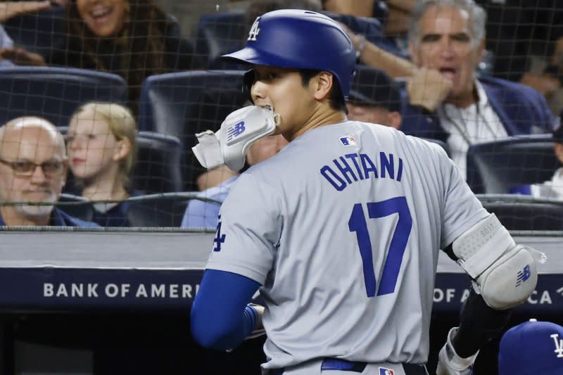 Los Angeles Dodgers designated hitter Shohei Ohtani was nearly hit by a foul ball in the third inning of a win over the Chicago White Sox on Wednesday in Chicago. File Photo by John Angelillo/UPI