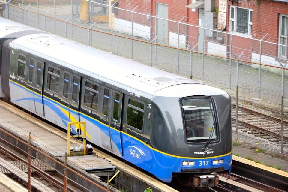 Overhead shot of a SkyTrain in Vancouver