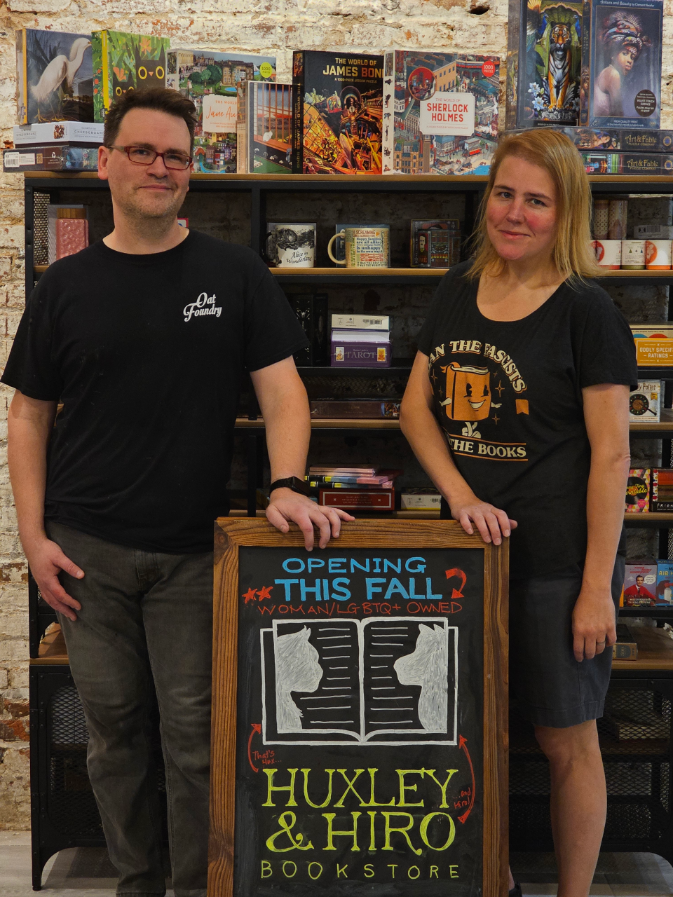 Ryan Eanes and Claire van den Broek own Huxley & Hiro, an independent bookstore in downtown Wilmington, Delaware.