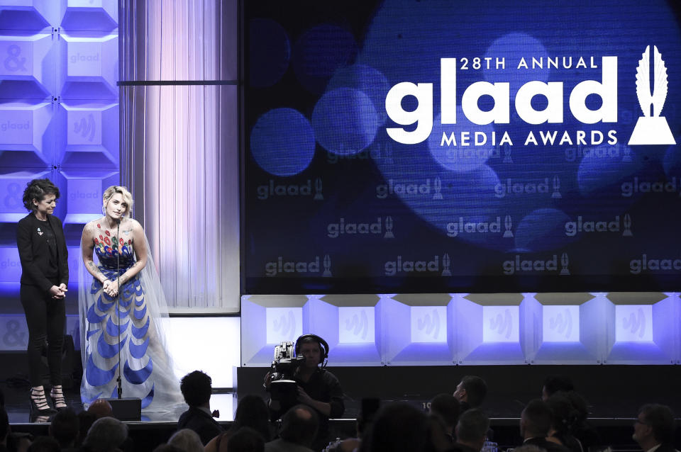 Tatiana Maslany, left, and Paris Jackson appear onstage at the 28th Annual GLAAD Media Awards at the Beverly Hilton Hotel on Saturday, April 1, 2017, in Beverly Hills, Calif. (Photo by Richard Shotwell/Invision/AP)