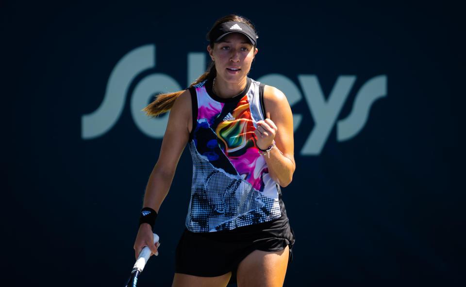 Seen here, American Jessica Pegula celebrates winning a point in a match at the Canadian Open. 