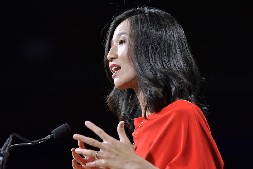 Boston Mayor-elect Michelle Wu addresses supporters at her election night party, Tuesday Nov. 2, 2021, in Boston. Boston voters for the first time elected a woman and an Asian American as mayor on Tuesday, tapping City Councilor Michelle Wu to serve in the city’s top political office. (AP Photo/Josh Reynolds)