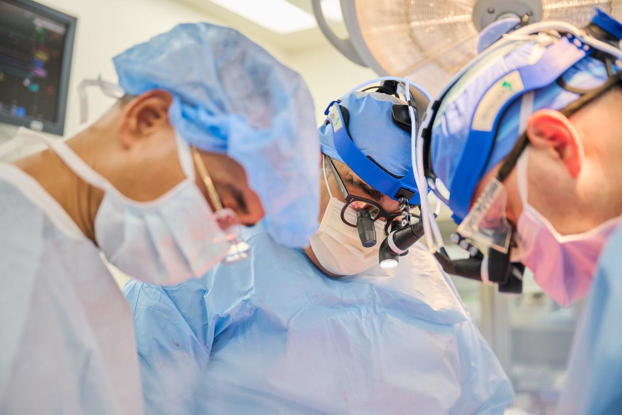 NYU-Langone transplant surgeon Nader Moazami during a transplant procedure performed last week at NYU Langone. A gene-edited pig heart was put into a person who recently died.