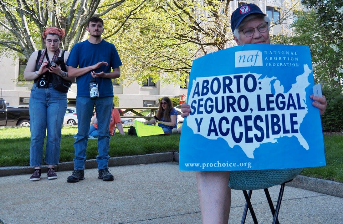 Mary Lee Sargent of Bow participates in an abortion rights rally in front of the State House in Concord on May 13, 2022.