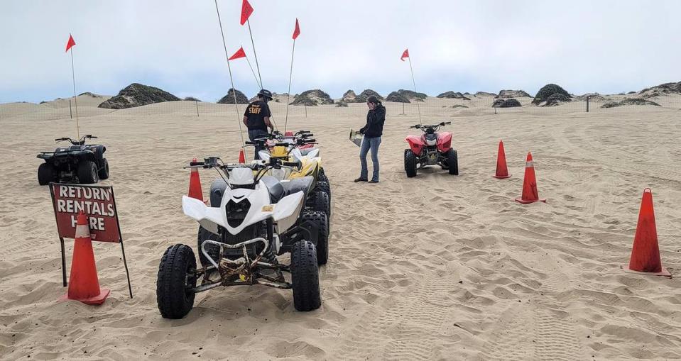 Vehicles are lined up at an off-loading area for Steve’s ATV Rentals at Post 2 at Oceano Dunes State Vehicular Recreation Area on Friday, July 21, 2023.