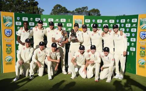 he England squad celebrate with the trophy after their 3-1 series win after Day Four of the Fourth Test between South Africa and England at Wanderers - Credit: &nbsp;Stu Forster/Getty Images