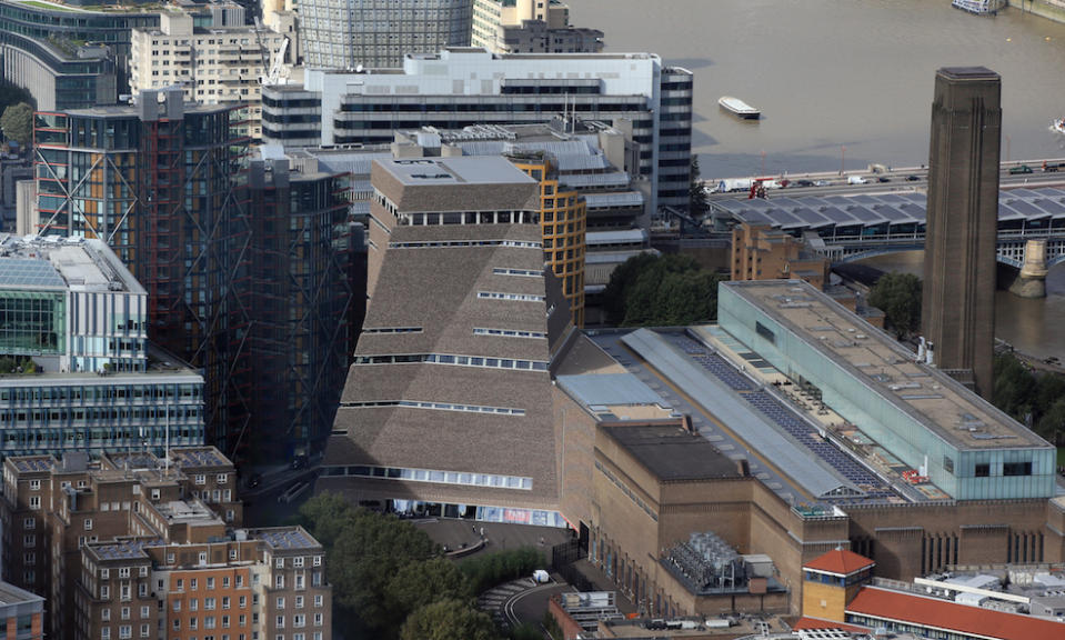 A view of the Tate Modern (centre) and the block of flats (to the left of Tate) where inhabitants complained about being overlooked by visitors to the new viewing platform at the gallery, as seen from The Shard, London.