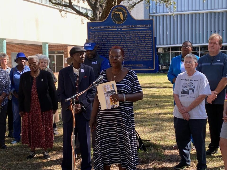 Evelyn Foxx, president of the NAACP Alachua County branch, stands in from the the county's administration building to push back against misleading mailers that tells voters the organization and other Black leaders support single-member districts.