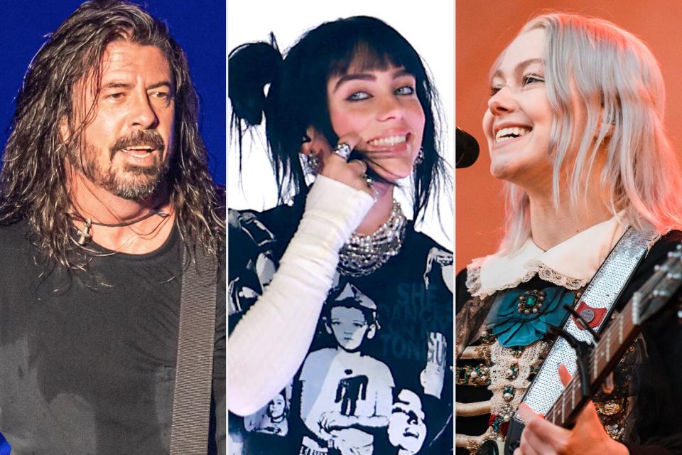 Dave Grohl of Foo Fighters performs on day 1 of Shaky Knees Festival at Atlanta Central Park on October 22, 2021 in Atlanta, Georgia. (Photo by Scott Legato/Getty Images) ; Billie Eilish performs onstage at The Kia Forum on December 13, 2022 in Inglewood, California. (Photo by Matt Winkelmeyer/Getty Images for ABA); Phoebe Bridgers performs live on stage during Primavera Sound Festival at Distrito Anhembi on November 6, 2022 in Sao Paulo, Brazil.(Photo by Mauricio Santana/Getty Images)