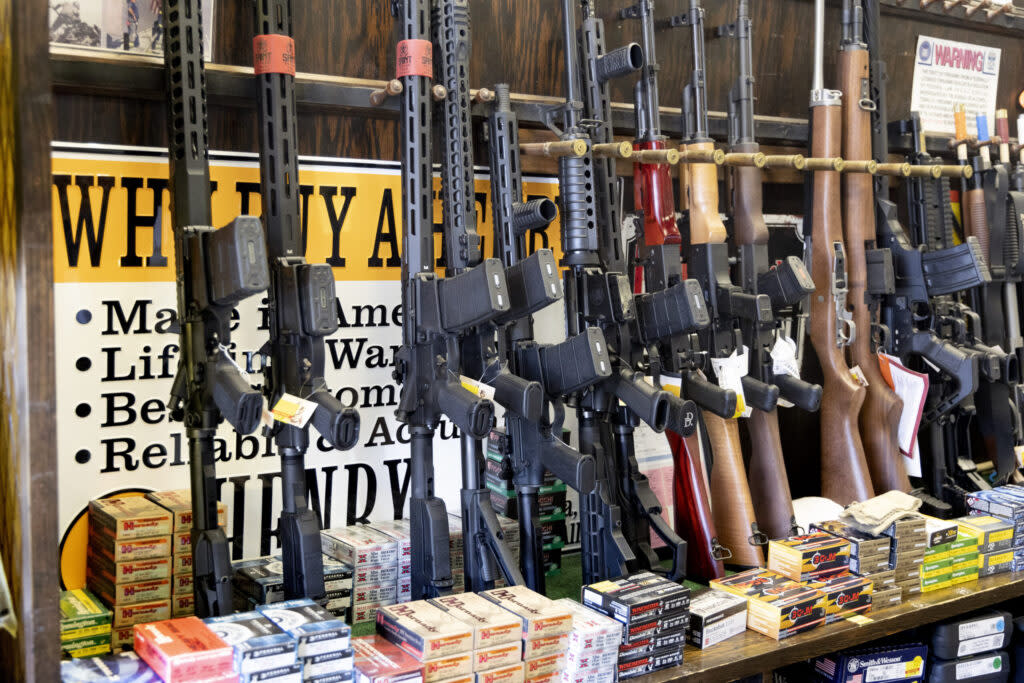 Guns on display in 2023 at Caso’s Gun-A-Rama in Jersey City, New Jersey. (Aristide Economopoulos/for NJ Monitor)