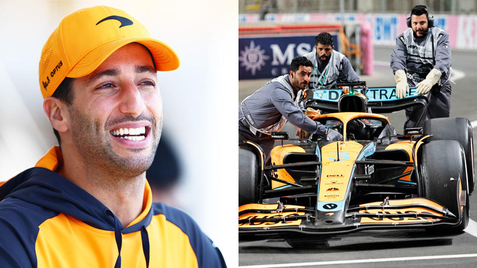 Pictured right, McLaren's Daniel Ricciardo is forced to retire after a power failure the Saudi Arabian GP.