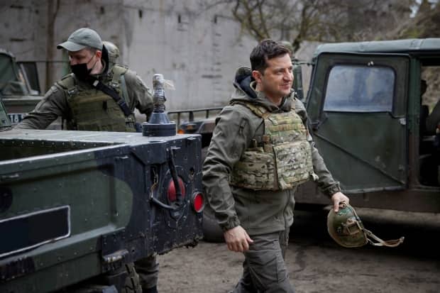 Ukraine's president, Volodymyr Zelensky, visits troops near the front line with Russian-backed separatists in the Donbas region on April 9. 