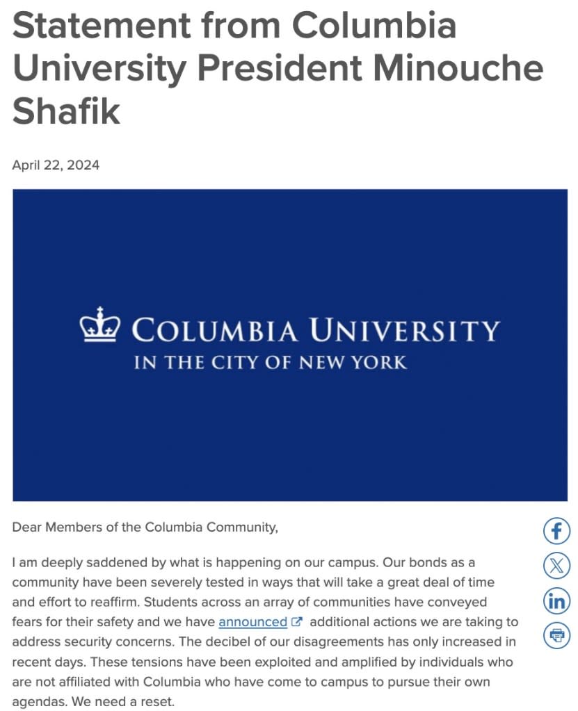 Columbia President Minouche Shafik sent students a message Monday announcing classes would be held virtually amid the protests. Office of the President / Columbia university