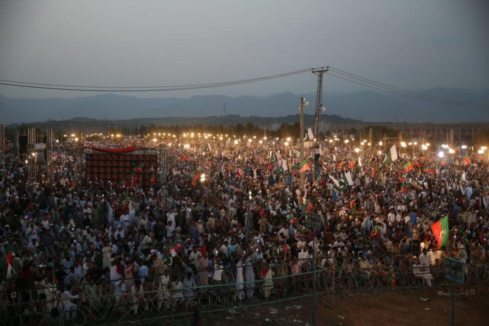 A huge crowd of protests gathers in the evening in Islamabad, Pakistan on July 2, 2022.