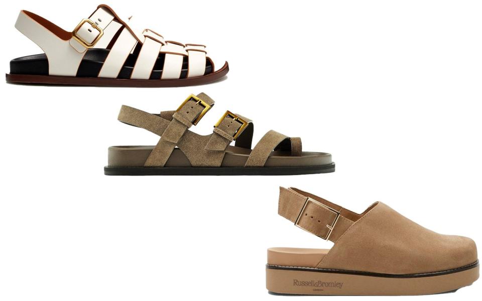 Leather fisherman sandals, £295, ME+EM; Suede buckled sandals, £119, Massimo Dutti; Suede slingback clogs, £195, Russell & Bromley