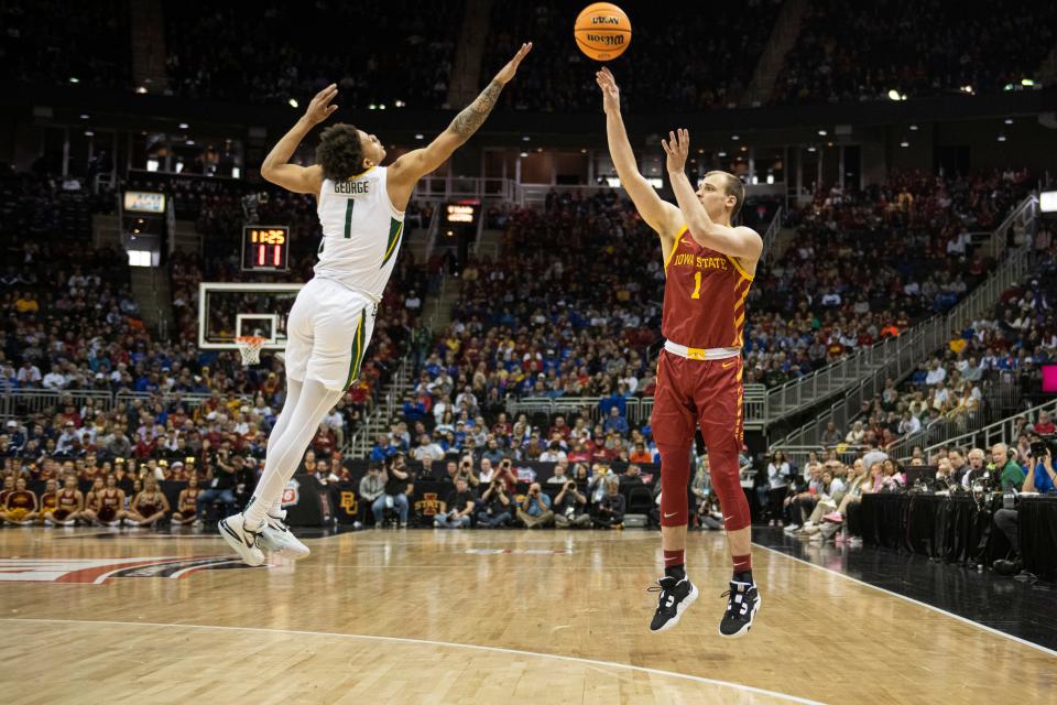 Iowa State's Eli King, shooting here against Baylor, has entered the transfer portal.
