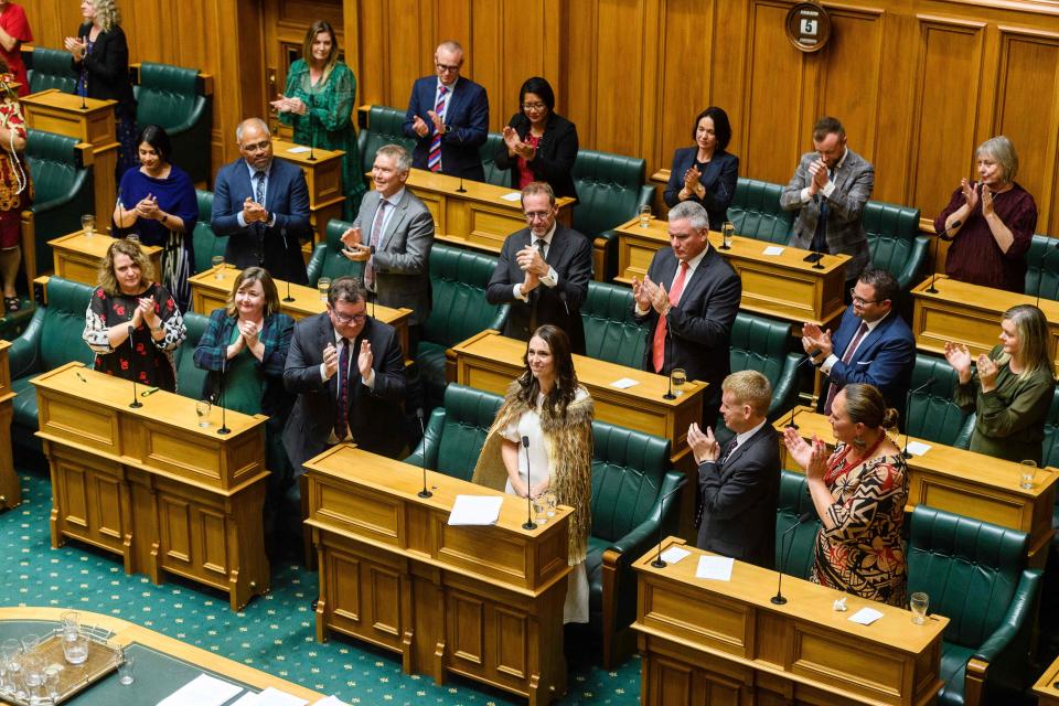 April 5, 2023:  Outgoing New Zealand prime minister Jacinda Ardern gives her valedictory speech in parliament in Wellington.  Ardern bowed out of parliament on April 5, making an impassioned plea during her tearful final speech to "please take the politics out of climate change."