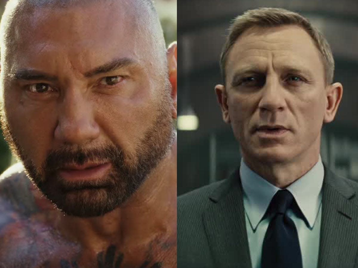 Dave Bautista as Duke Cody in Glass Onion and Daniel Craig as James Bond in Spectre.
