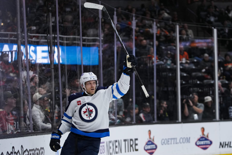 Winnipeg Jets left wing Nikolaj Ehlers celebrates his goal against the Anaheim Ducks during the second period of an NHL hockey game Friday, Jan. 5, 2024, in Anaheim, Calif. (AP Photo/Ryan Sun)