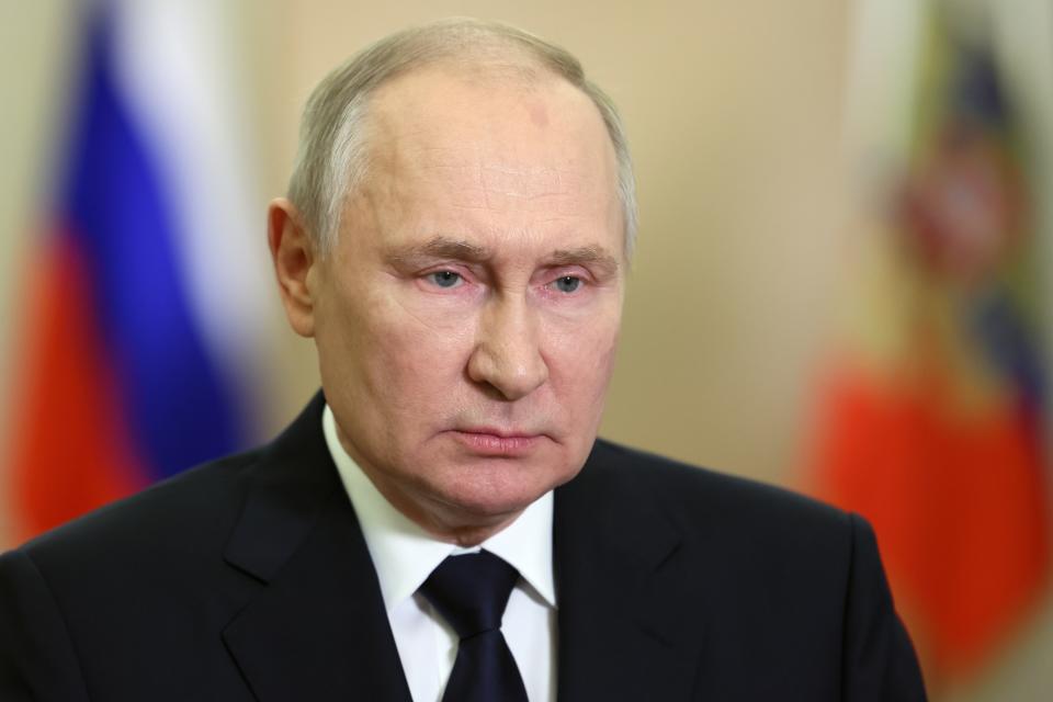 FILE - Russian President Vladimir Putin speaks during a video celebrating the anniversary of the referendum called illegal by the U.N. in four Ukrainian regions one year ago, in Moscow, Russia, on Sept. 30, 2023. (Mikhail Metzel, Sputnik, Kremlin Pool Photo via AP, File)