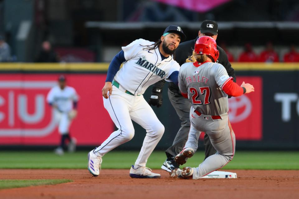 Jack Fraley is tagged out by Mariners shortstop J.P. Crawford on a steal attempt in the second inning. Fraley was on base twice with an infield single and a walk. Fraley entered Wednesday's series finale batting .425.