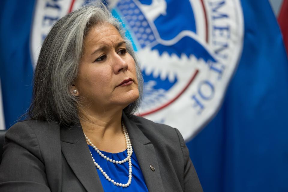 Mary De Anda-Ybarra was selected to lead ICE’s regional Enforcement and Removal Operations in El Paso. She is shown during a Q&A on May 5 at the U.S. Immigration and Customs Enforcement El Paso Field Office.