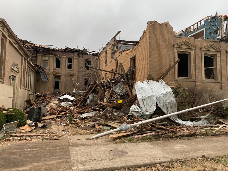 Damage in Mayfield, Kentucky following deadly tornadoes that occurred on Dec. 10, 2021.