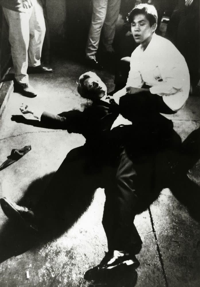 Senator Robert Kennedy lies sprawled on the floor at the Ambassador Hotel after being shot on June 5, 1968
