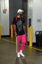 <p>Willie Cauley-Stein wears a Balmain t-shirt, pink Palm Angels track pants ahead of the Kings, Rockets game on March 30. </p>