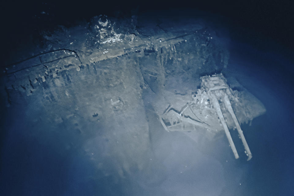 This photo provided by the Ocean Exploration Trust shows a 127-mm twin anti-aircraft gun mounted below the flight deck of the Japanese aircraft carrier Akagi on Sept. 10, 2023. Footage from remote submersibles taken three miles under the Pacific Ocean is giving the world the first detailed glimpse of three World War II aircraft carriers that sunk in the pivotal Battle of Midway, which marked a shift in control of the Pacific naval theater from Japanese to U.S. forces. (Ocean Exploration Trust/NOAA via AP)