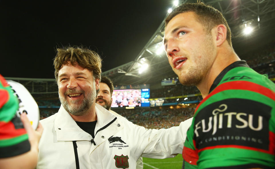 Russell Crowe and Sam Burgess, pictured here after the 2014 NRL grand final.