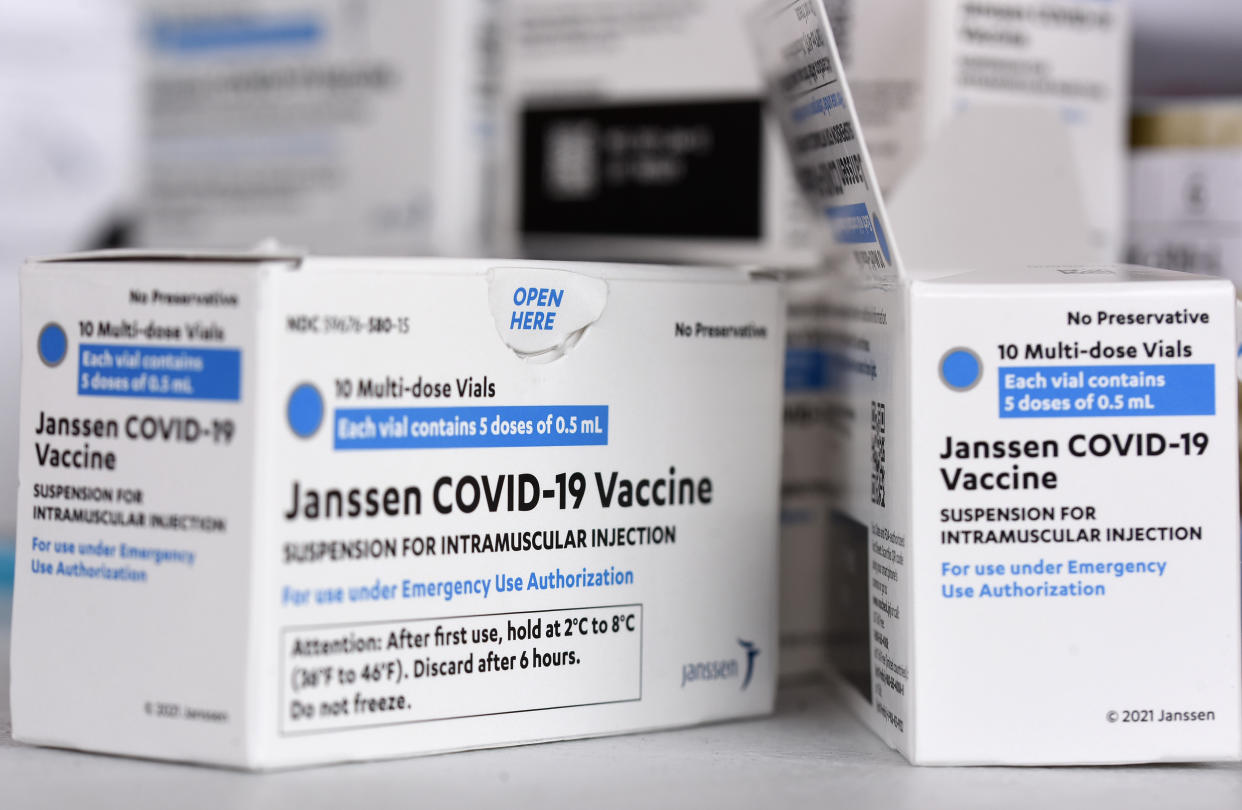 ORLANDO, FLORIDA, UNITED STATES - 2021/04/10: Johnson & Johnson COVID-19 vaccine boxes are seen at a vaccination site.
Doses of the Johnson & Johnson vaccine are being administered throughout the state of Florida despite a small number of patients who have experienced adverse reactions, including blood clots. (Photo by Paul Hennessy/SOPA Images/LightRocket via Getty Images)
