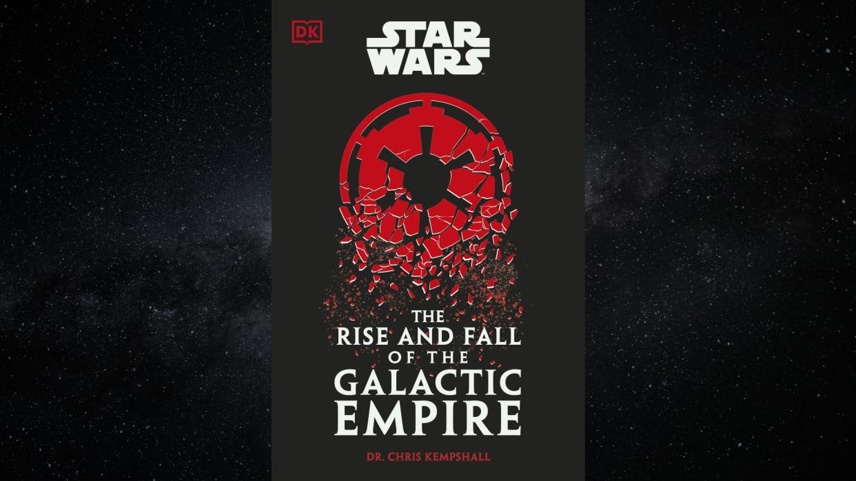  A book cover with the text "rise and fall of the galactic empire" in front of a starry background. 
