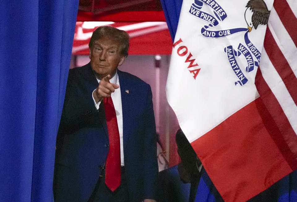 Republican presidential candidate and former President Donald Trump speaks during a rally, Saturday, Nov. 18, 2023, in Fort Dodge, Iowa. (AP Photo/Bryon Houlgrave)