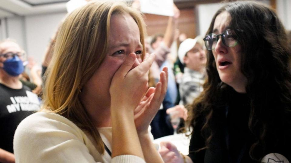 PHOTO: Supporters of Ohio Issue 1 react to the results at a watch party hosted by Ohioans United for Reproductive Rights, Nov. 7, 2023, in Columbus, Ohio. (Andrew Spear/Getty Images)