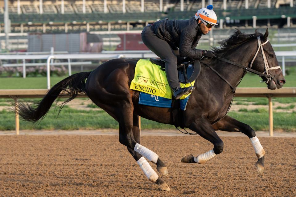 2024 Kentucky Derby contender Encino gallops around the track for a morning practice at Churchill Downs on Sunday, April 21, 2024. Encino is trained by Brad Cox and owned by Godolphin LLC.