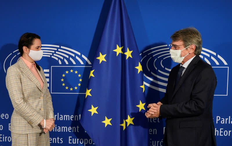 Belarusian opposition leader Tsikhanouskaya meets with EU Parliament President Sassoli in Brussels