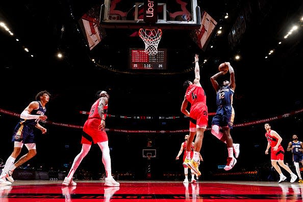 Gary Clark #12 of the New Orleans Pelicans shoots the ball during the game against the Toronto Raptors on January 9, 2022 at the Scotiabank Arena in Toronto, Ontario, Canada.
