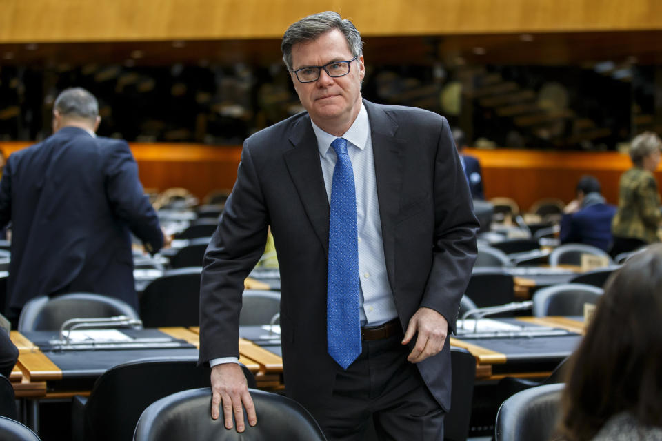 Dennis Shea, US Ambassador to the WTO, arrives for the opening of the General Council, at the headquarters of the World Trade Organization, WTO, in Geneva, Switzerland, Monday, Dec. 9, 2019. (Salvatore Di Nolfi/Keystone via AP)