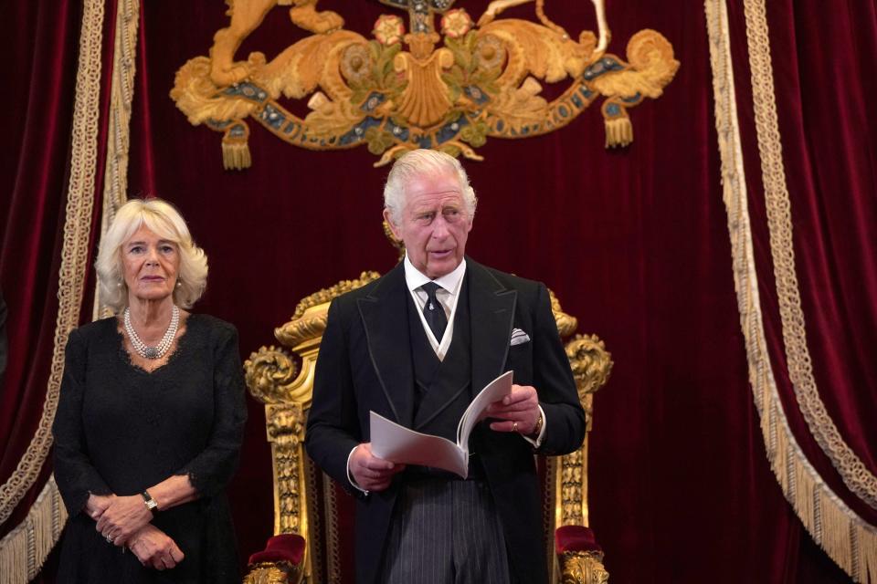King Charles III and Camilla, Queen Consort, look on during his proclamation as King during the accession council on September 10, 2022, in London, United Kingdom.