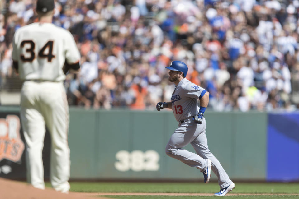Los Angeles Dodgers first baseman Max Muncy runs the bases after hitting a two-run homer against the San Francisco Giants in the fifth inning of a baseball game in San Francisco, Sunday, Sept. 30, 2018. (AP Photo/John Hefti)