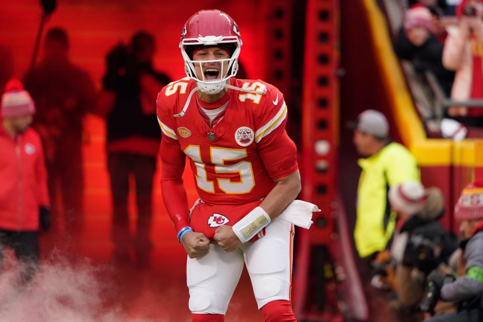 Kansas City Chiefs quarterback Patrick Mahomes is introduced prior to a game against the Cincinnati Bengals Sunday, Dec. 31, 2023 in Kansas City, Mo.